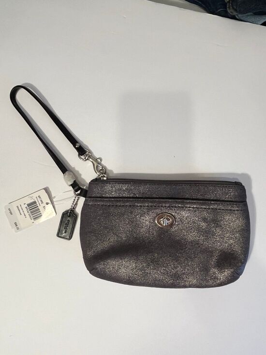Coach Handbags - Coach Wristlet NWT Navy/Charcoal Metallic Turn Lock Closure
